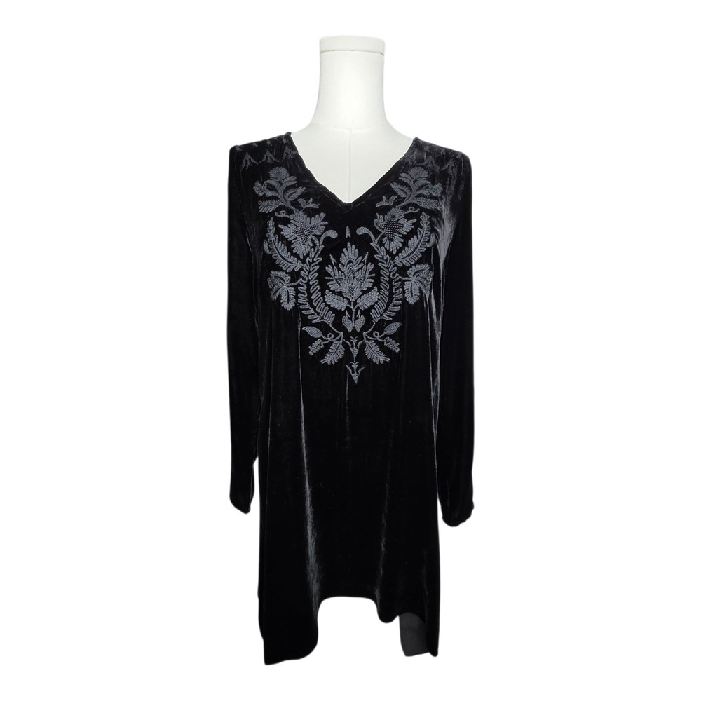 Johnny Was Black Silk Velvet Embroidered V-Neck Tunic Dress Boho Luxe V Neck XS